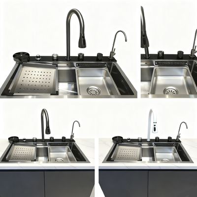 جودة  Customized Premium Cup Washer Integrated Hand-Polished 304/316 Stainless Steel Kitchen Sink with 250-300mm Bowl Depth and 1.2-2.0mm Panel Thickness مصنع
