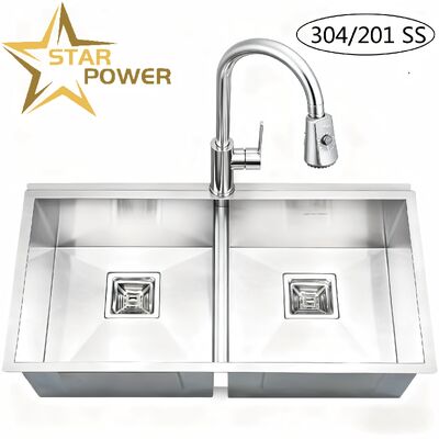 سعر جيد حوض مطبخ يدوي الصنع من الفولاذ المقاوم للصدأ 304 المصقول STAR POWER بتصميم مزدوج الحوض وصنبور قابل للسحب الانترنت