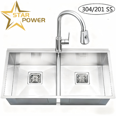 جودة  STAR POWER Brushed 304 Stainless Steel Handmade Kitchen Sink with Double-Bowl Design and Pull-Out Faucet مصنع
