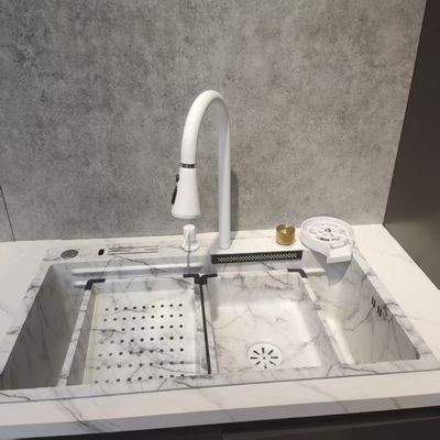 مغسلة مطبخ بيضاء متعددة الوظائف طاسة مزدوجة من الفولاذ المقاوم للصدأ