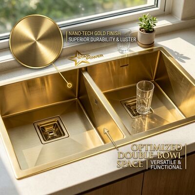 سعر جيد Gold-Toned Food-Grade 304 Stainless Steel Main Auxiliary Bowl Kitchen Sink Flush-Mount 900mm 250mm Deep Basin الانترنت