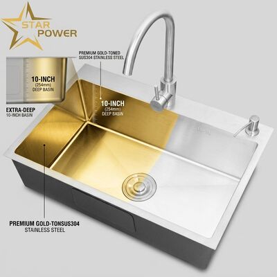 سعر جيد Flush Mount / Inset Kitchen Sink SUS304 Stainless Steel Main & Auxiliary Bowl Kitchen Sink Gold-Toned Flush-Mount 700mm 10-Inch Extra-Deep Basin | Custom Basin Depth Available | Custom Steel Gauge Available الانترنت